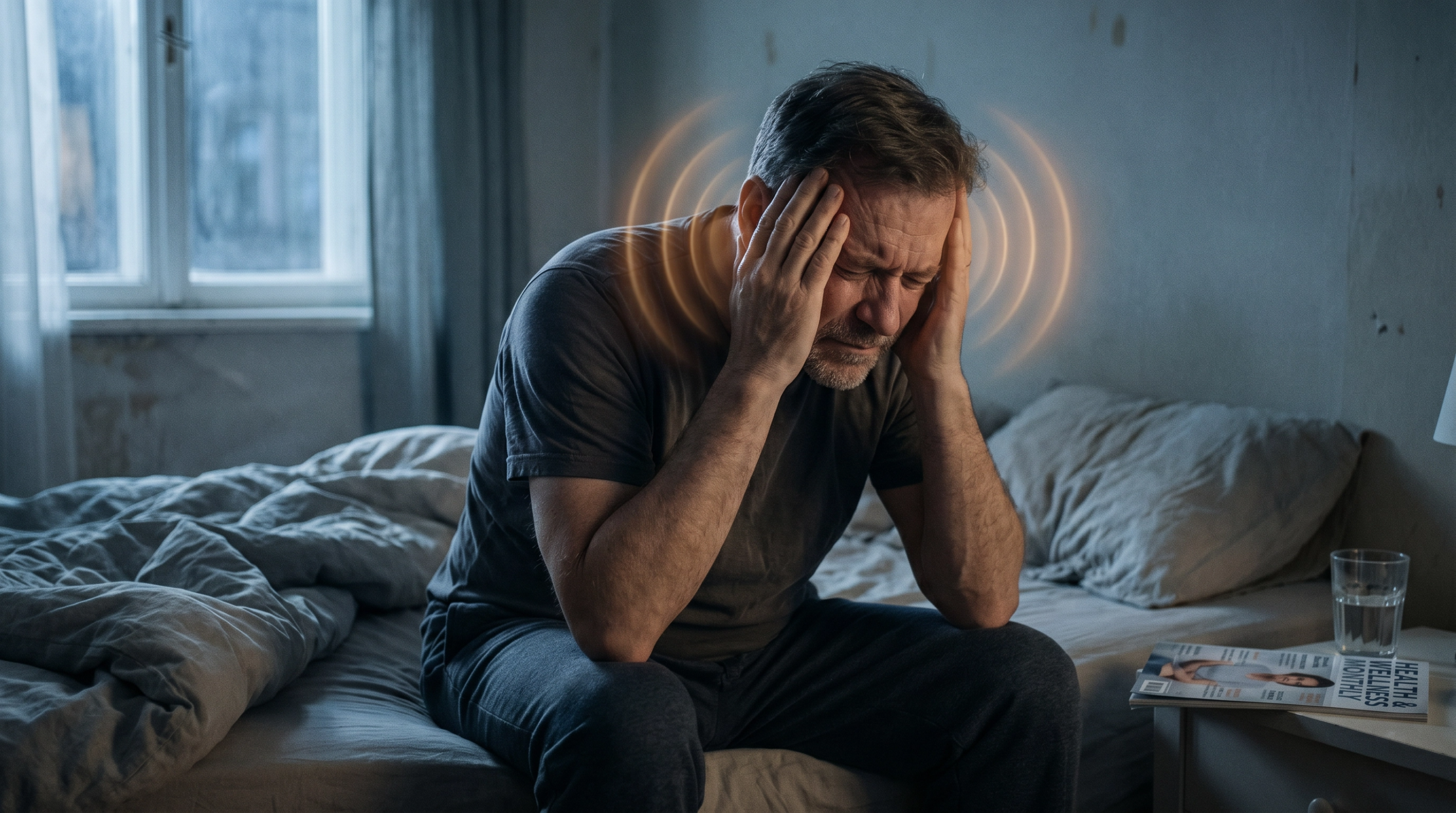 Person suffering from constant tinnitus ringing in ears unable to sleep or concentrate